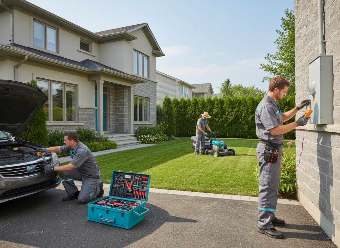Wide banner-style photo representing multiple home services at a Montreal home: in the foreground, a mechanic working on a car parked in a driveway, with an open toolbox; to one side, an electrician checking an outdoor breaker panel on the house wall; in the yard, a landscaper trimming hedges and mowing a green lawn. Early summer daylight, clean and realistic photography, contemporary suburban Montreal house, neutral colors with accents of vivid cyan blue, plenty of negative space for overlay text.