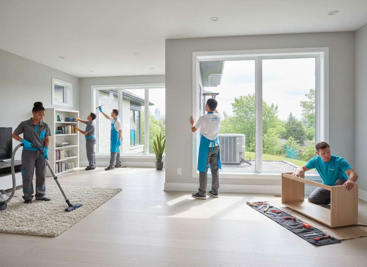 Wide banner-style photo illustrating multiple home services at the same Montreal home: in the foreground, a cleaner vacuuming and dusting a bright living room; to one side, a person assembling flat-pack furniture with tools laid out neatly; near a large window, a worker cleaning the glass with a squeegee; outside through the window, an HVAC technician servicing an outdoor air conditioning unit. Early summer daylight, contemporary Montreal house interior, neutral colors with vivid cyan blue accents, realistic photography, plenty of negative space suitable for overlay text.