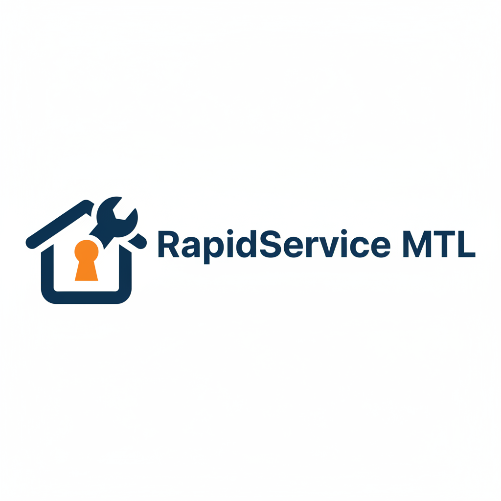 Logo moderne et minimaliste pour une entreprise de services à domicile à Montréal appelée « RapidService MTL » : texte clair « RapidService MTL » à côté d’une icône simple de maison avec une clé à molette intégrée, style professionnel mais chaleureux, couleurs bleu foncé et accent orange, fond transparent, sans slogan.